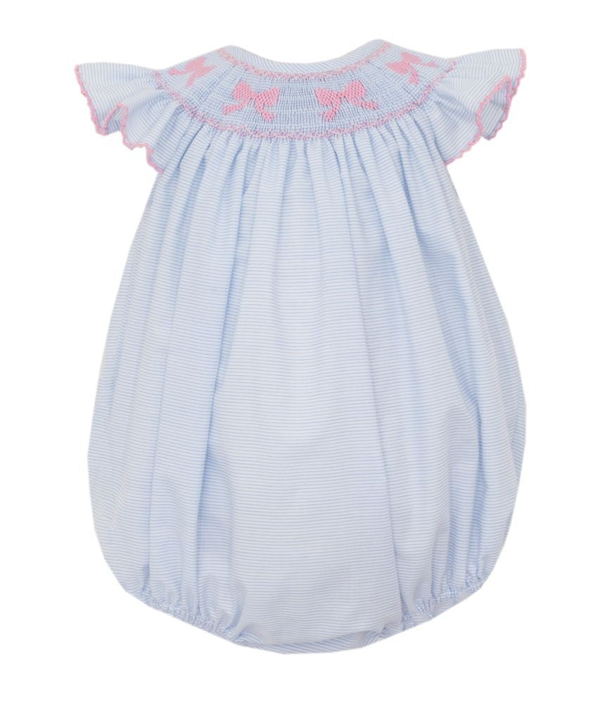 Petit Bebe Baby Girls Blue Striped Smocked Pink Bows Bubble