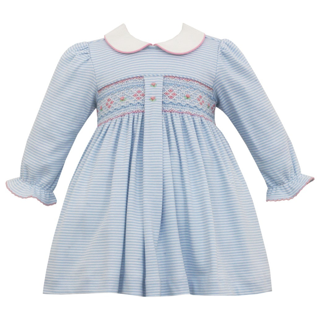 Petit Bebe Knits Baby / Toddler Girls Blue Stripe Knit Smocked Dress with Collar