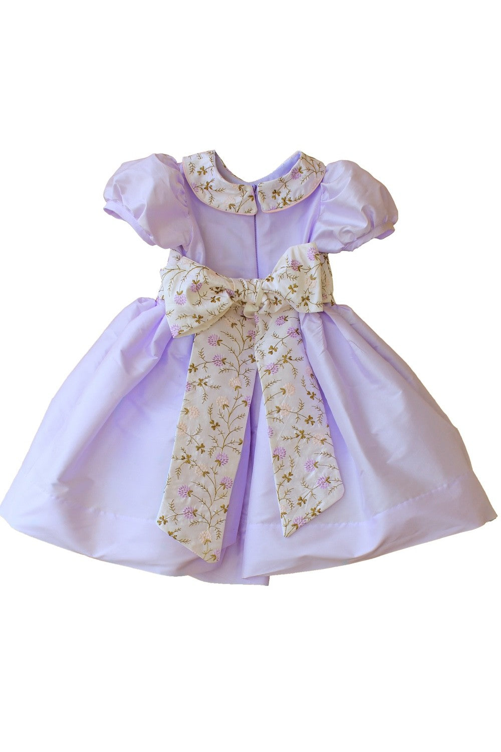 Susanne Lively Girls Puff Sleeve Dress with Embroidery Collar & Sash - Lilac Lavender