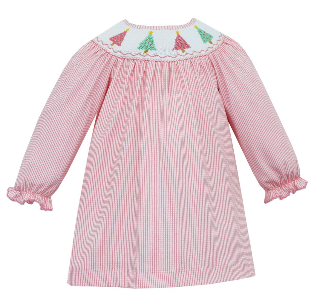 Petit Bebe Baby / Toddler Girls Pink Check Knit Dress - Smocked Christmas Trees - Long Sleeve Bishop