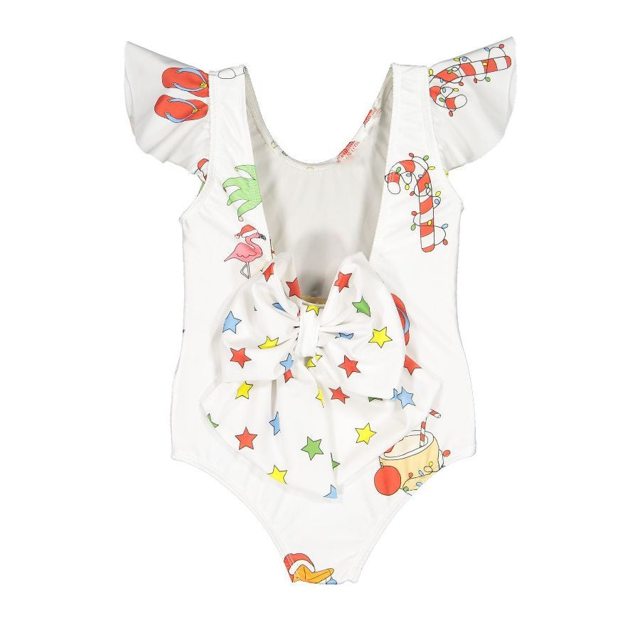 Sal & Pimenta Girls Swimsuit - Bow on Back - Santa on Christmas Holiday - White