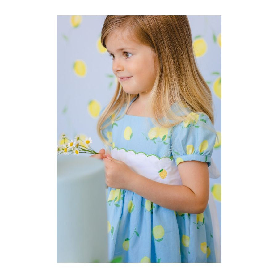 Sal & Pimenta Girls Dress - Sash - Blue with Yellow Lemons Embroidery by Sal & Pimenta