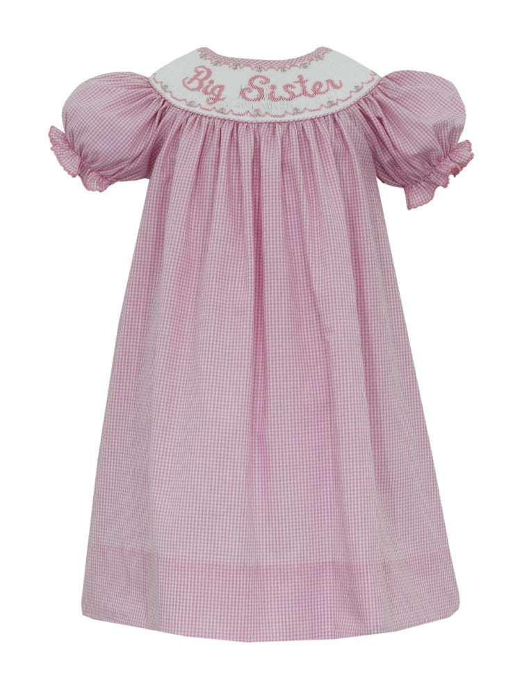 Anavini Velani Girls Pink Gingham Smocked Big Sister Dress - Bishop