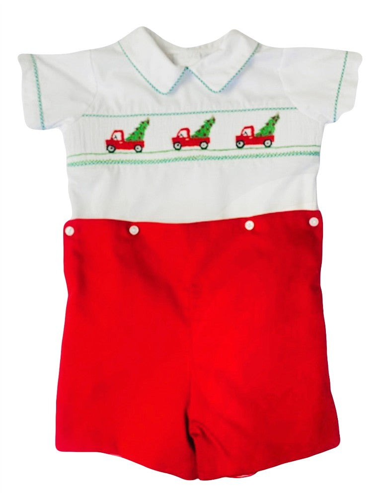 The Best Dressed Child Boys Red Button On Set - Smocked Christmas Tree Trucks