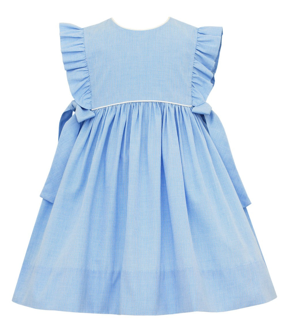 Petit Bebe Baby / Toddler Girls Ruffle Sleeve Dress - Side Bows - Blue Micro Check by Petit Bebe