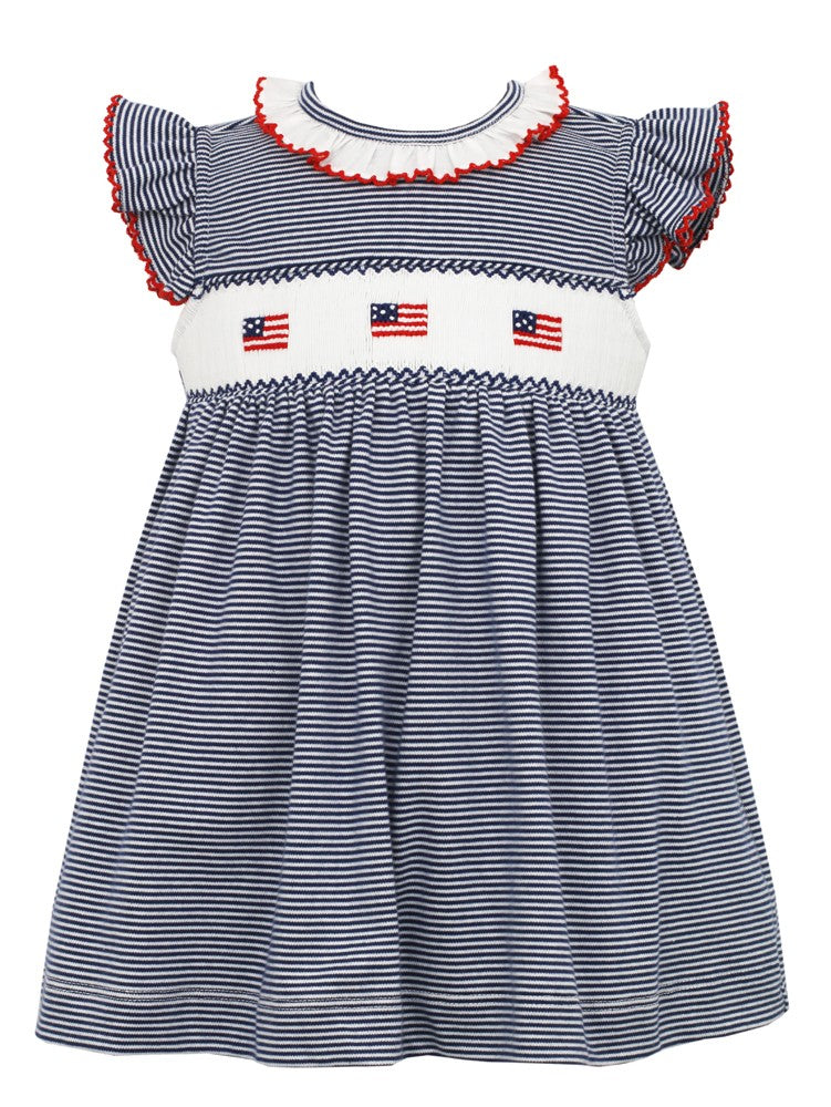 Petit Bebe Knits Baby / Toddler Girls Navy Blue Stripe Knit Dress - Smocked Flags - Ruffle Collar