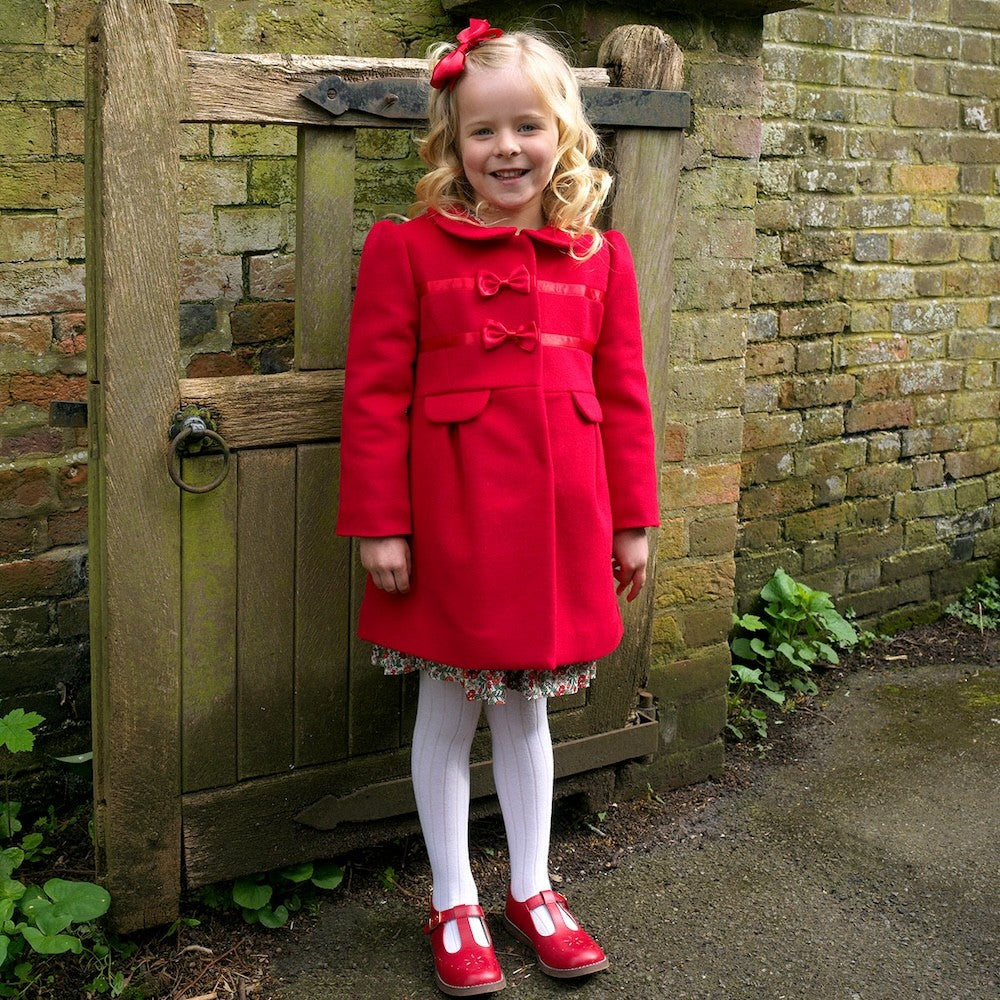 Rachel Riley London Girls Bow Trim Dress Coat - Red by Rachel Riley