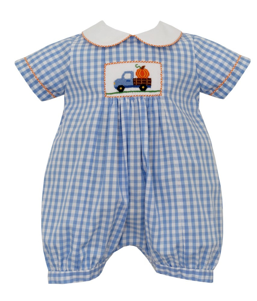 Anavini Baby Boys Light Blue Gingham Romper - Smocked Pumpkin Truck