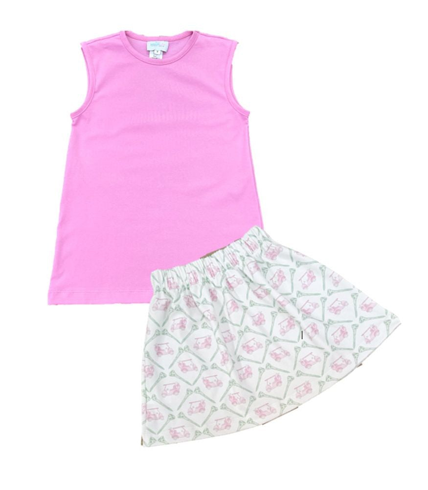 James & Lottie Girls Sally Skirt Set - Pink Tank with PAR-TEE Golf Print Skirt
