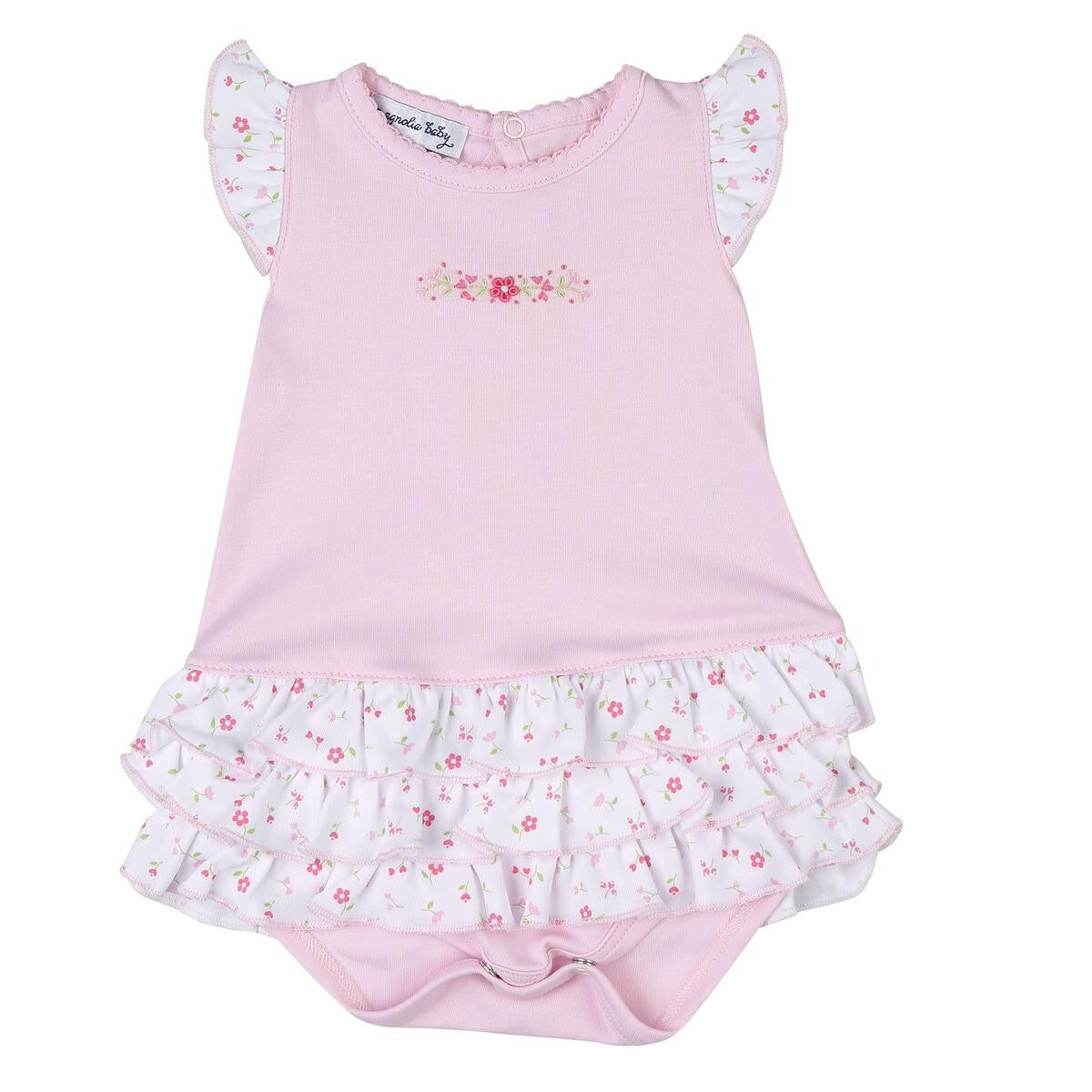 Magnolia Baby Girls Pink Amelia's Garden Embroidered Ruffle Flutters Bubble