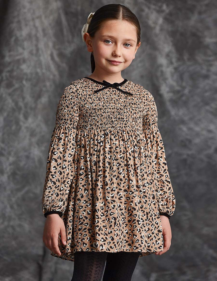 Abel & Lula Girls Leopard Print Smocked Dress 7 Abel & Lula Girls Leopard Print Smocked Dress 7