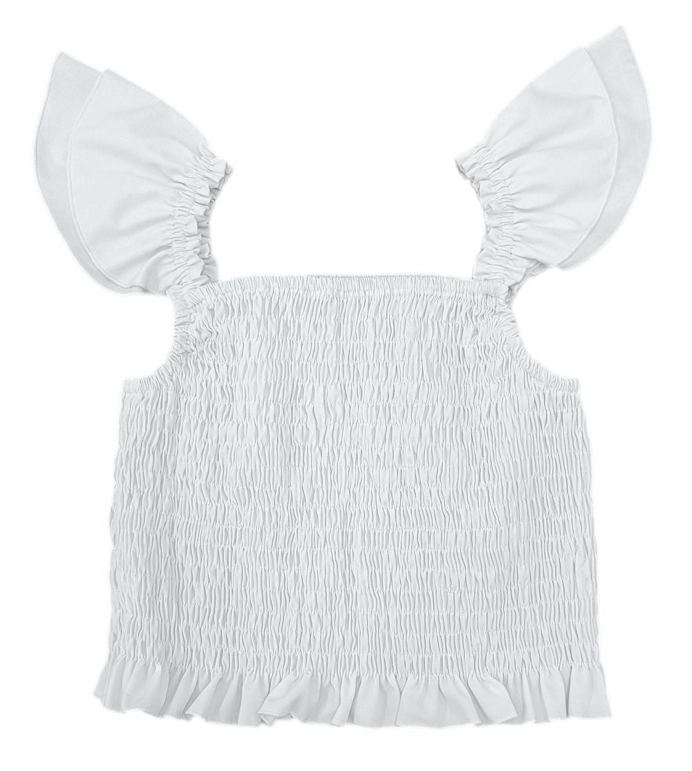 James & Lottie Be Elizabeth Smocked Woven Top - Flutter Sleeves - White