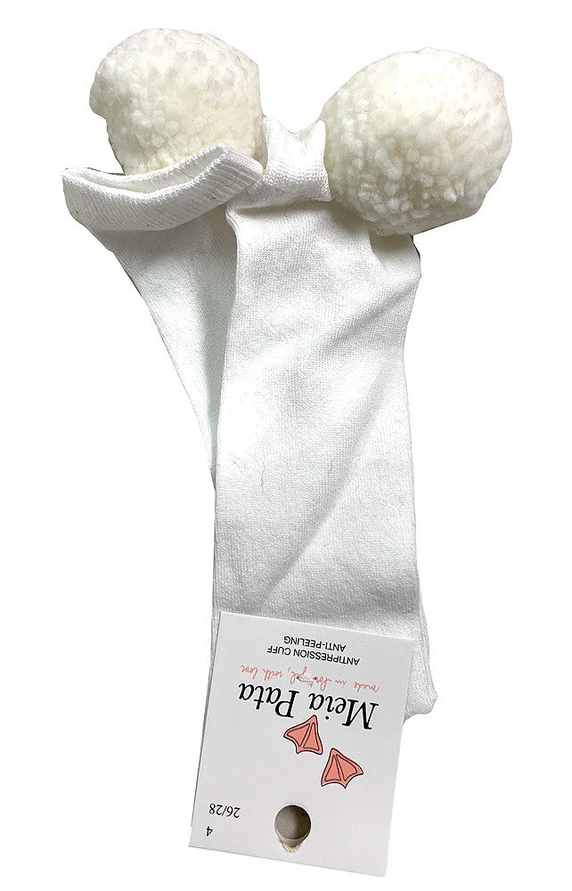 Meia Pata Girls Knee High Socks - Fluffy Pom Poms - White