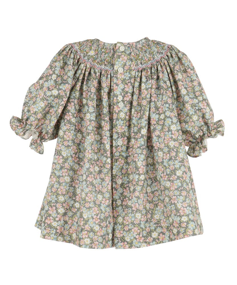 Luli & Me Girls Forest Green Floral Smocked Bishop Dress