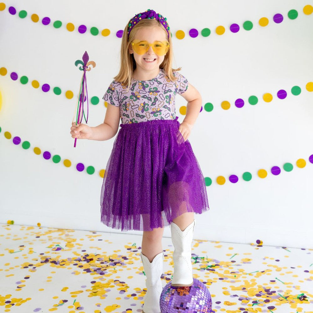 Sweet Wink Girls Purple Tulle Mardi Gras Print Tutu Dress