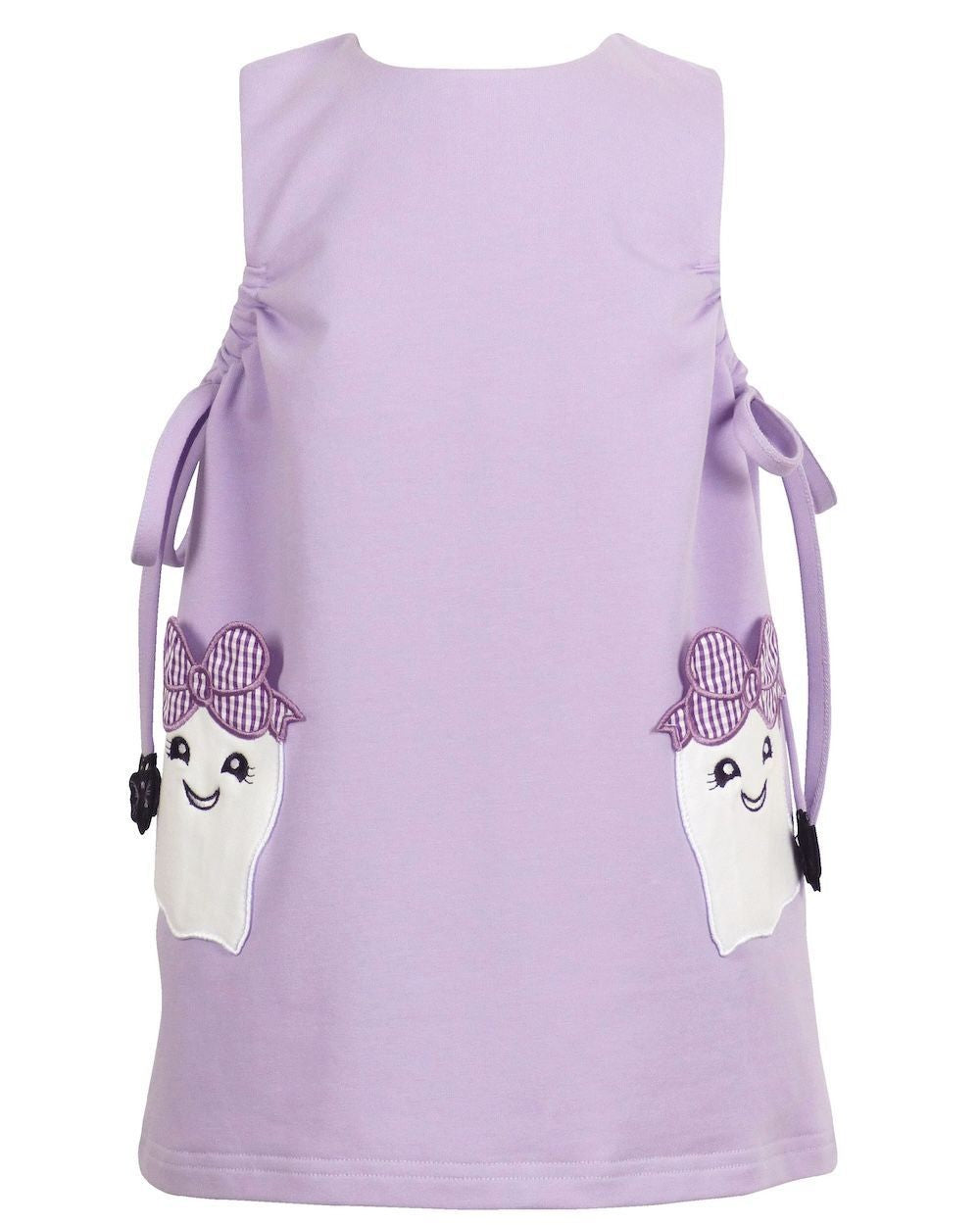 Yellow Lamb Girls Emma Boo Bow Jumper Dress - Lavender with Halloween Ghost Pockets