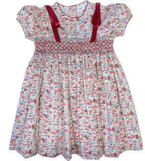 LuLu BeBe Girls Pink Floral Smocked Dress - Red Bows at Shoulders by LuLu BeBe