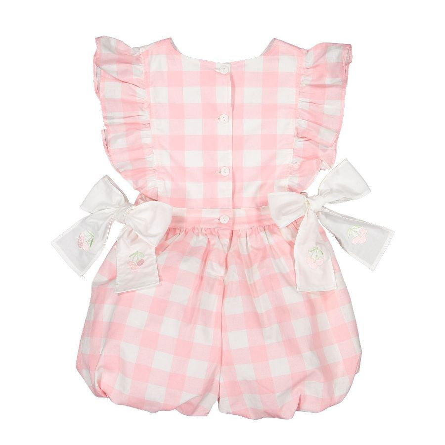 Sal & Pimenta Girls Romper - Pink Gingham - Embroidered Cherry Side Bows by Sal & Pimenta