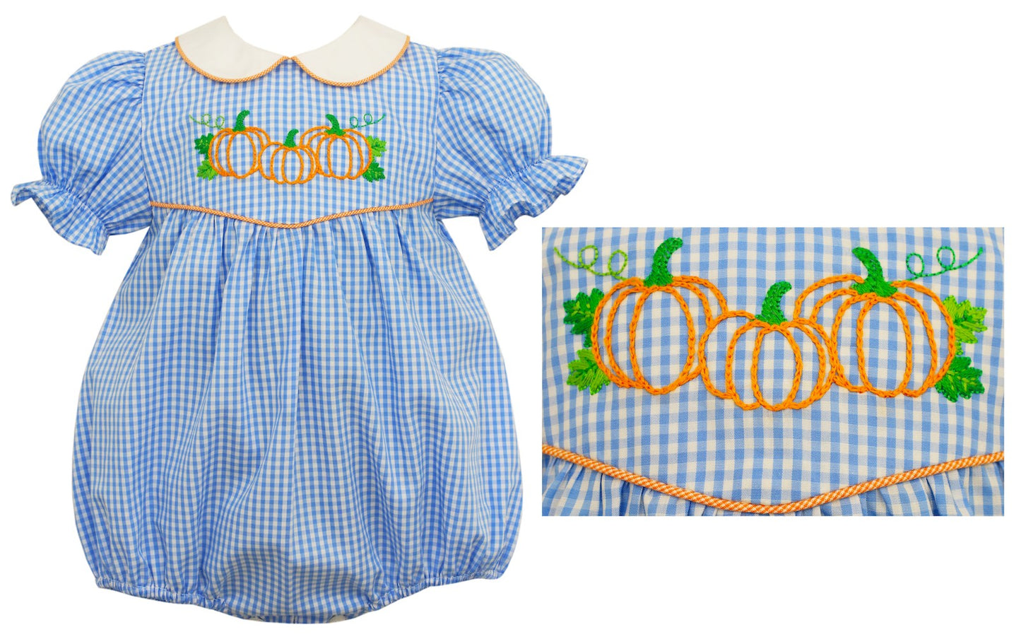 Anavini Baby Girls Light Blue Gingham Embroidered Pumpkins Bubble