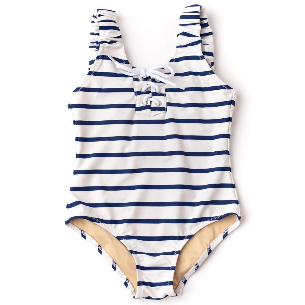 Shade Critters Girls One Piece Swimsuit - Blue Nautical Stripe Lace Up