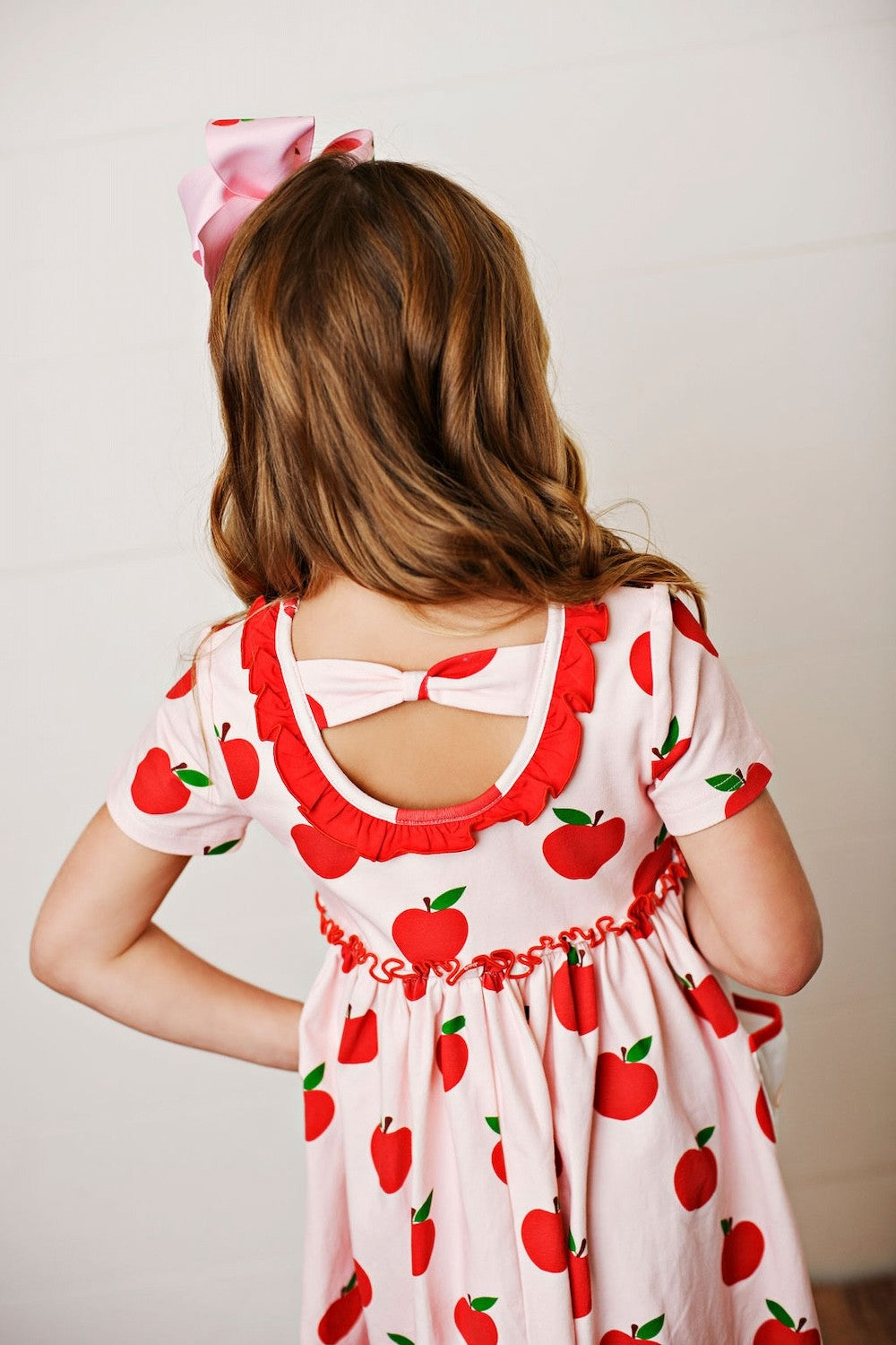 Swoon Baby Girls Pink / Red Apples Pocket Embroidery School Dress
