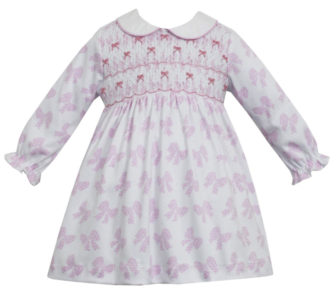 Petit Bebe Baby / Toddler Girls Pink Bow Print Knit Dress - Smocked Bows by Petit Bebe