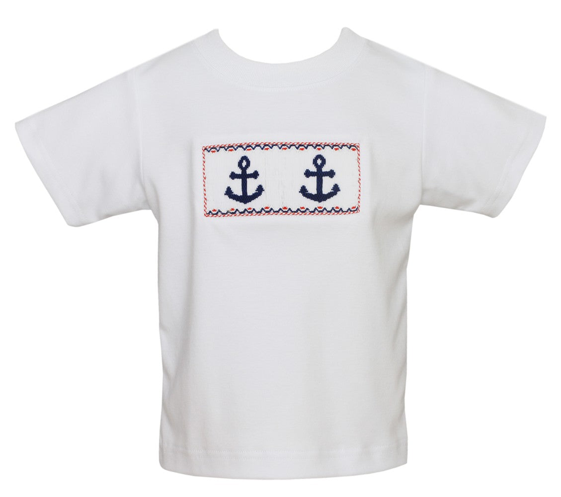 Anavini Boys White Shirt - Smocked Nautical Anchors