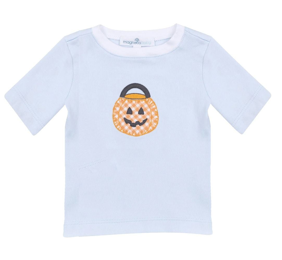 Magnolia Baby Trick or Treat Applique Pumpkin Shirt - Blue