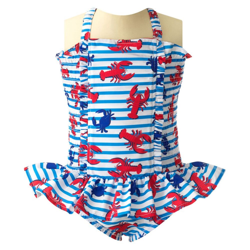 Rachel Riley Girls Blue with Red Lobsters Ruched Swimsuit
