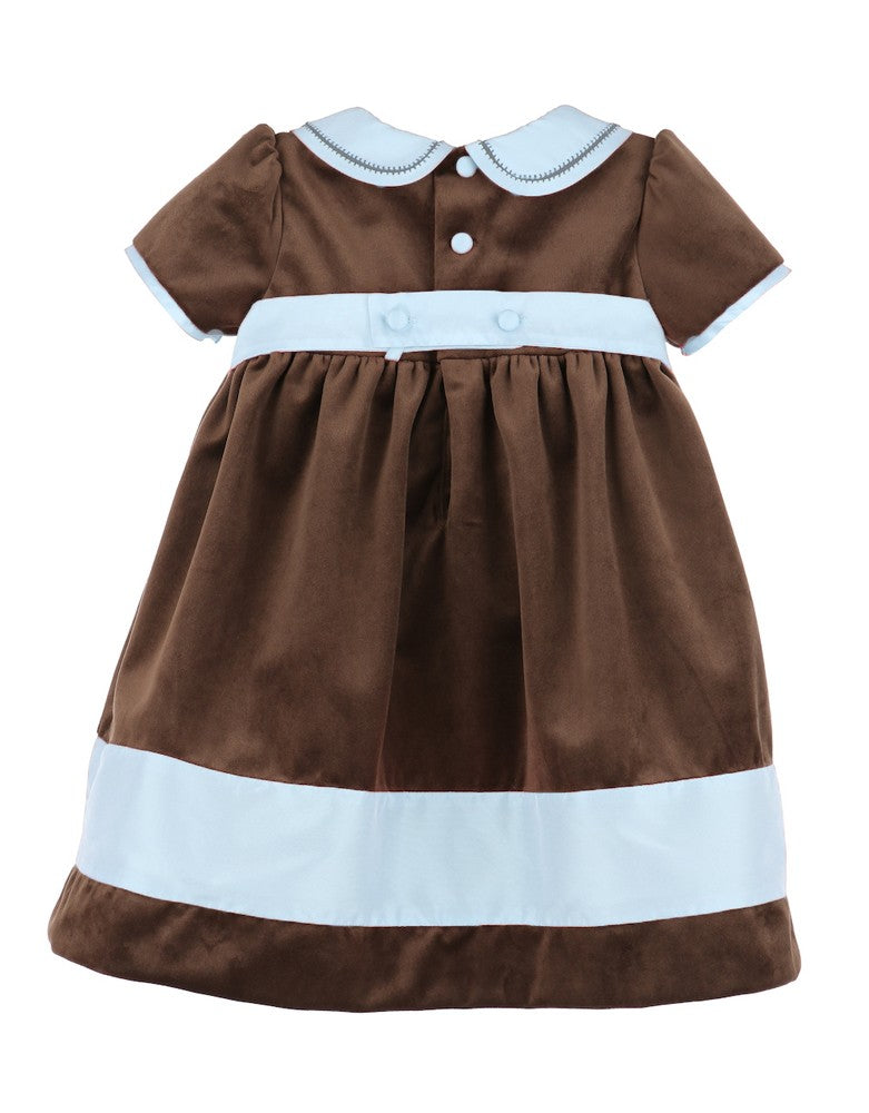 Luli & Me Girls Velvet Dress - Cocoa Brown - Blue Collar & Trim by Luli & Me