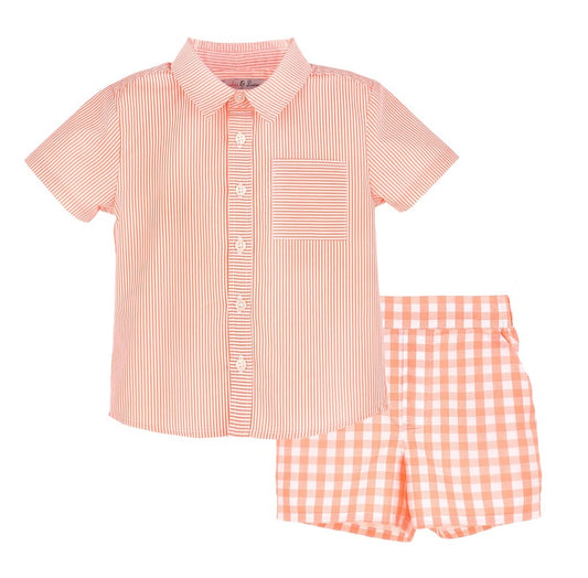Sophie & Lucas Boys Shorts Set - Orange Stripes & Checks