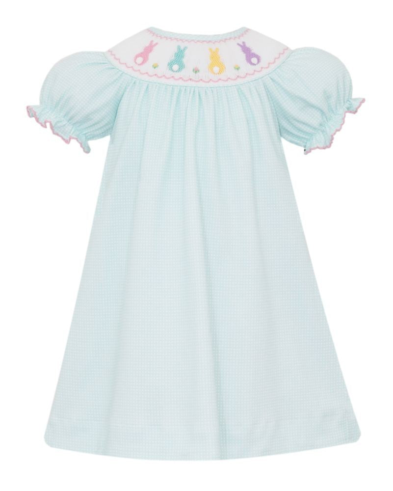 Petit Bebe Knits Girls Aqua Check Smocked Cottontail Bunny Bishop Dress by Petit Bebe