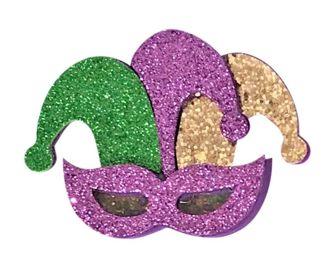 Beyond Creations Girls Pinch Clip Add-On to Bow - Purple Mardi Gras Shaker Glitter Jester Hat