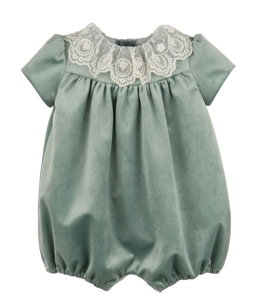 Luli & Me Girls Deluxe Velvet Bubble with Lace Collar - Aqua