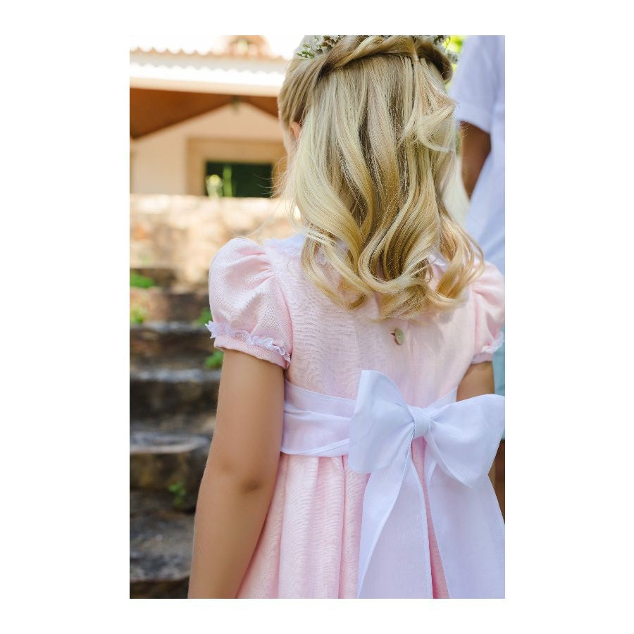 Sal & Pimenta Girls Dress with Cummerbund Sash - Light Pink Linen by Sal & Pimenta