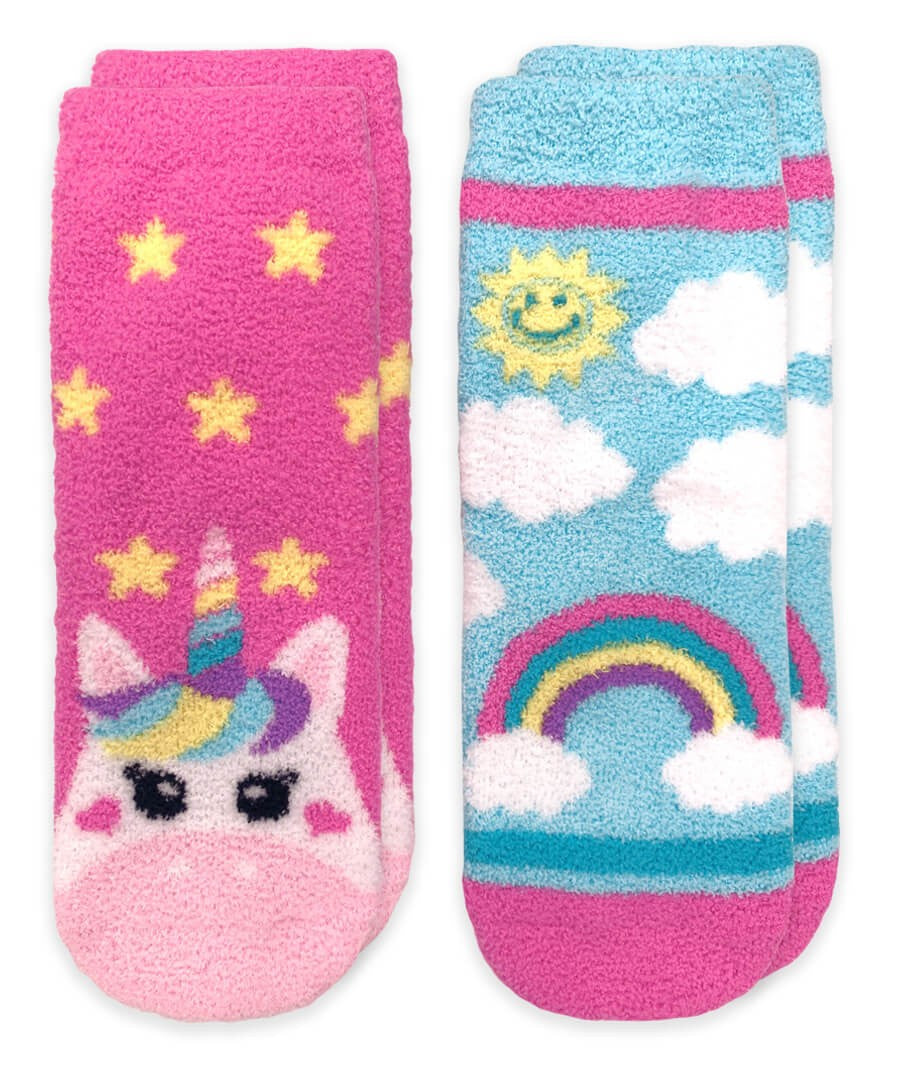 Jefferies Socks - Girls Fuzzy Slipper Socks - Pink Unicorn / Blue Rainbow - 2 Pack