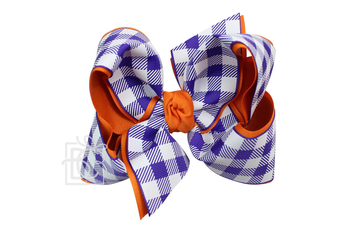 Beyond Creations Girls Layered Bow on Clip - Clemson - Orange with Purple Buffalo Plaid by Beyond Creations