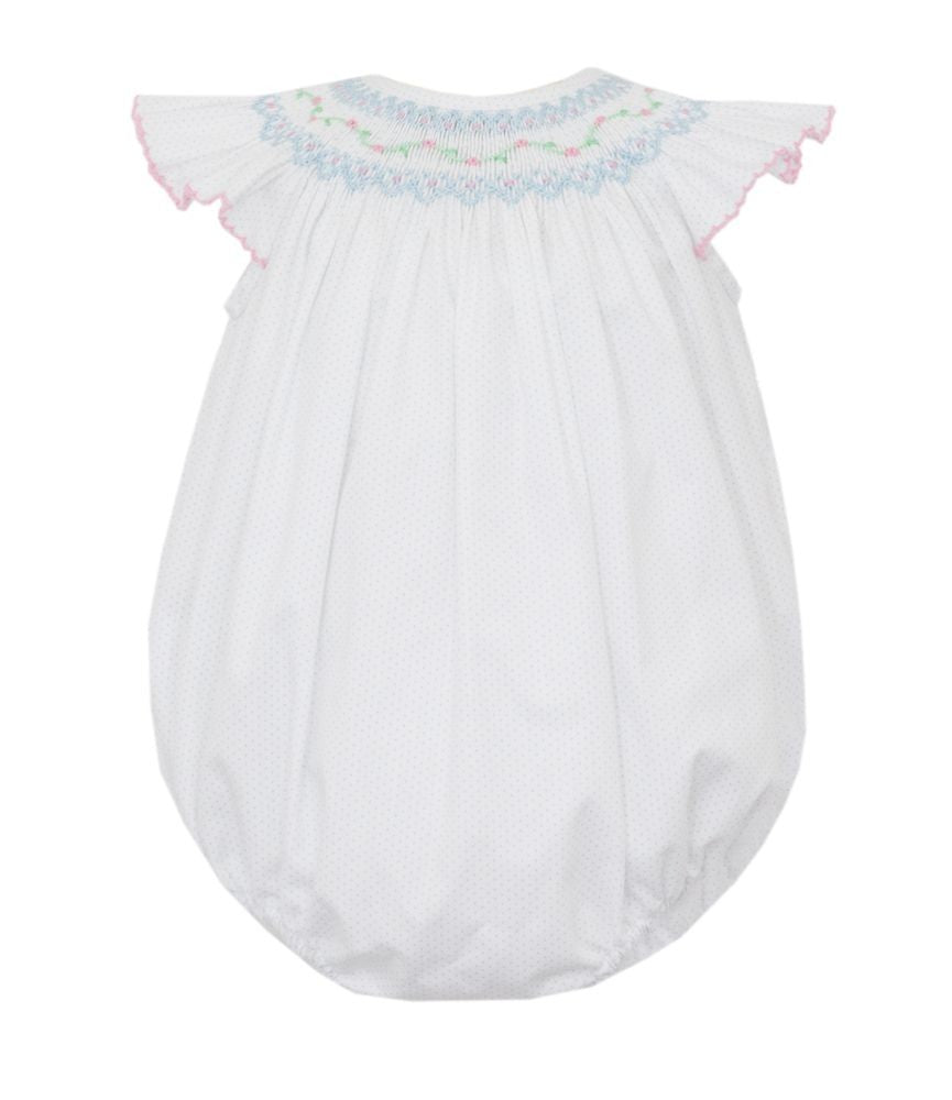 Petit Bebe Baby Girls Smocked White Bubble with Blue Polka Dots