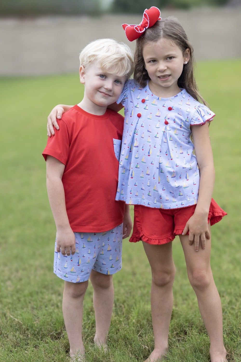 Whimsy Bay Kids Toddler Girls Blue Sailing Away Flutter Top with Red Shorts