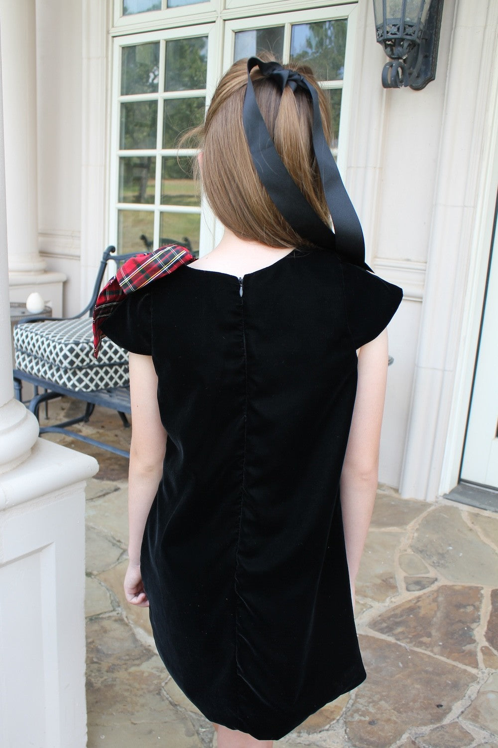 Susanne Lively Girls Black Velvet A-Line Dress - Holiday Plaid Bow on Shoulder