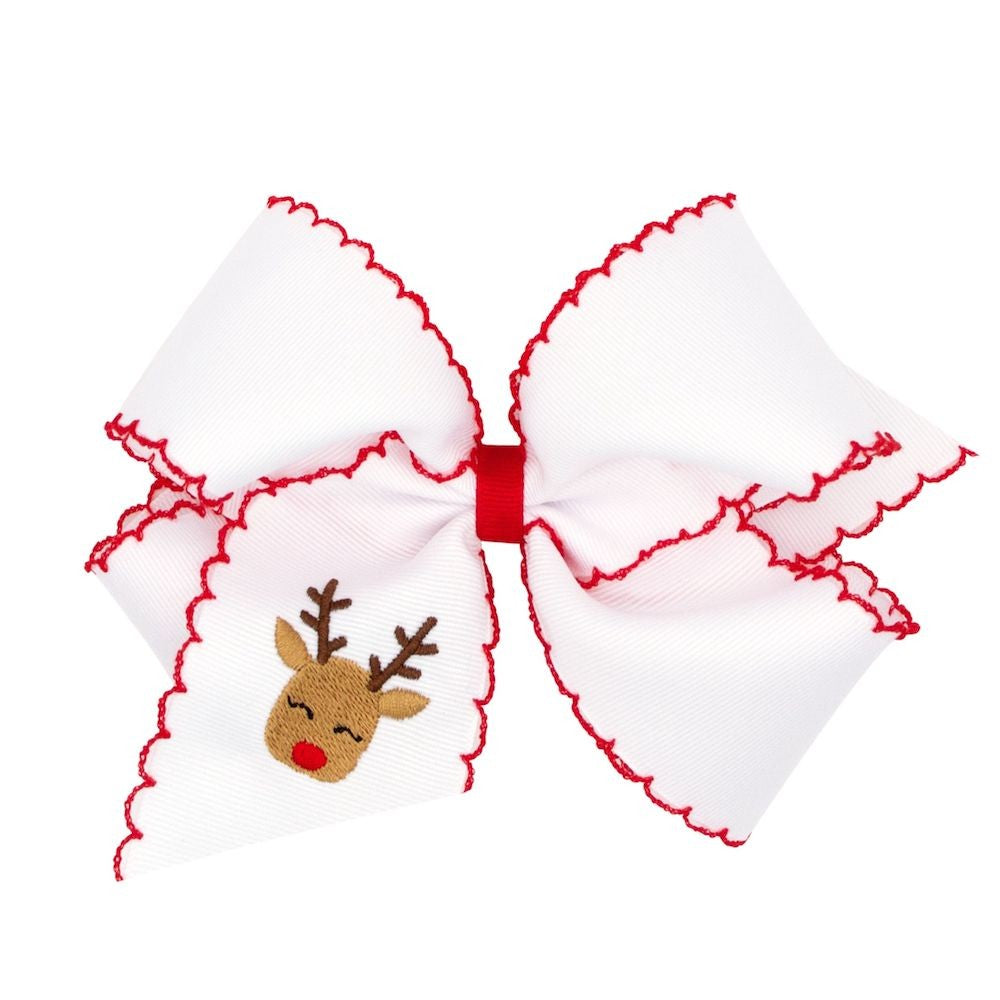 Wee Ones Girls White Hair Bow - Red Moonstitch - Embroidered Rudolph Reindeer by Wee Ones