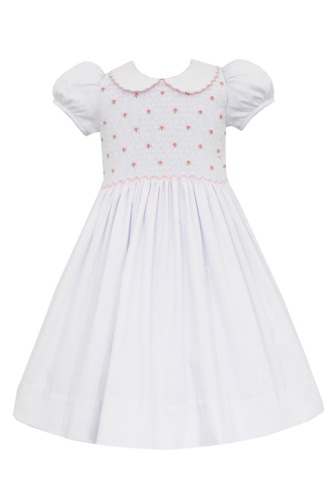 Anavini Couture Girls White Pique Dress - Scallop Collar - Fully Smocked Bodice