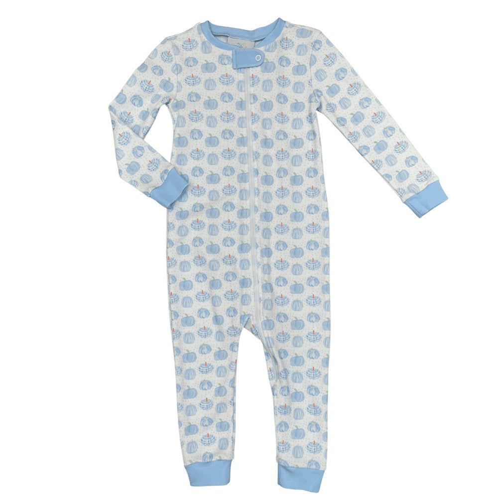 James & Lottie One Piece Zip Up Pajamas Jammies - Pumpkins - Blue