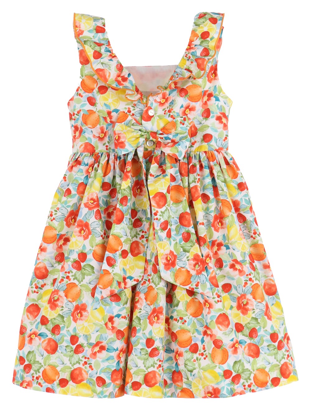 Luli & Me Girls Orange Fruity Ruffle Dress with Bow in Back
