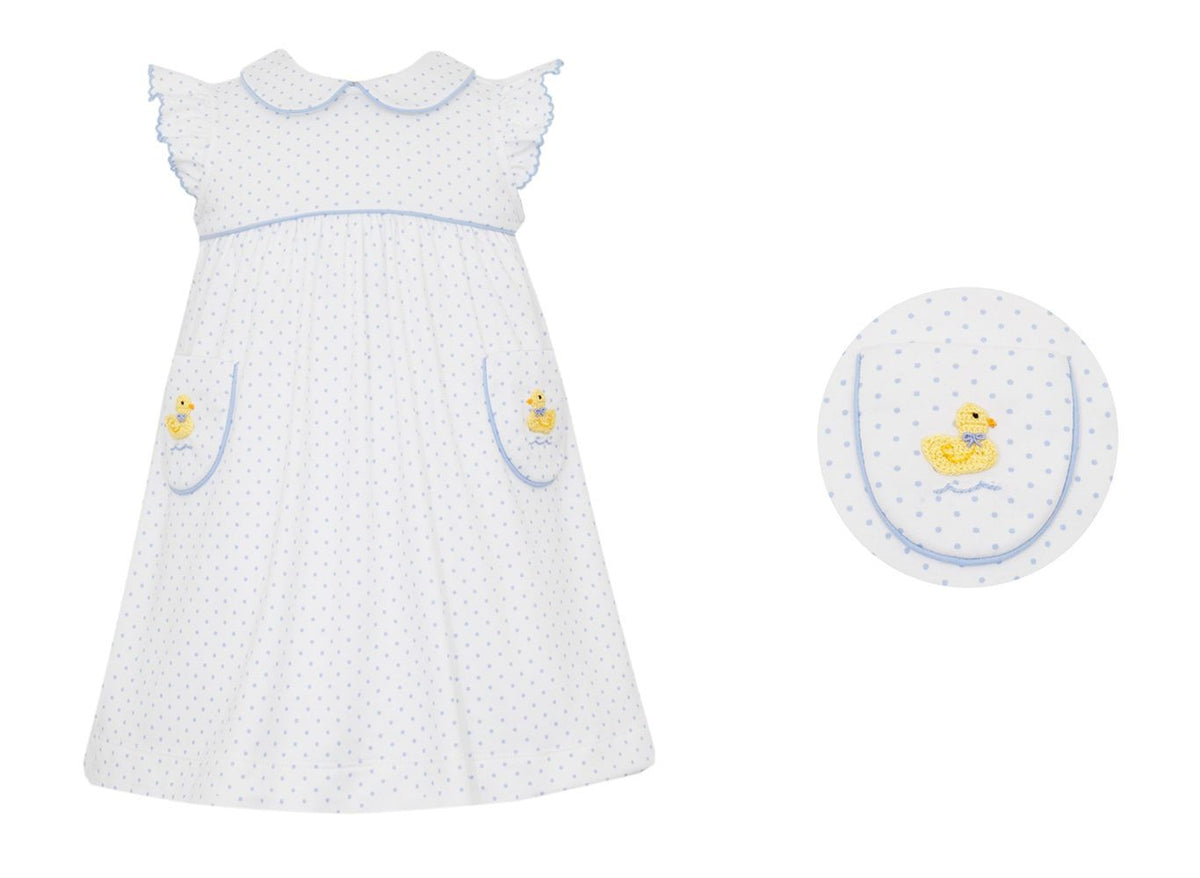 Petit Bebe Knits Girls White / Blue Dots Ducks Dress - Pockets by Petit Bebe