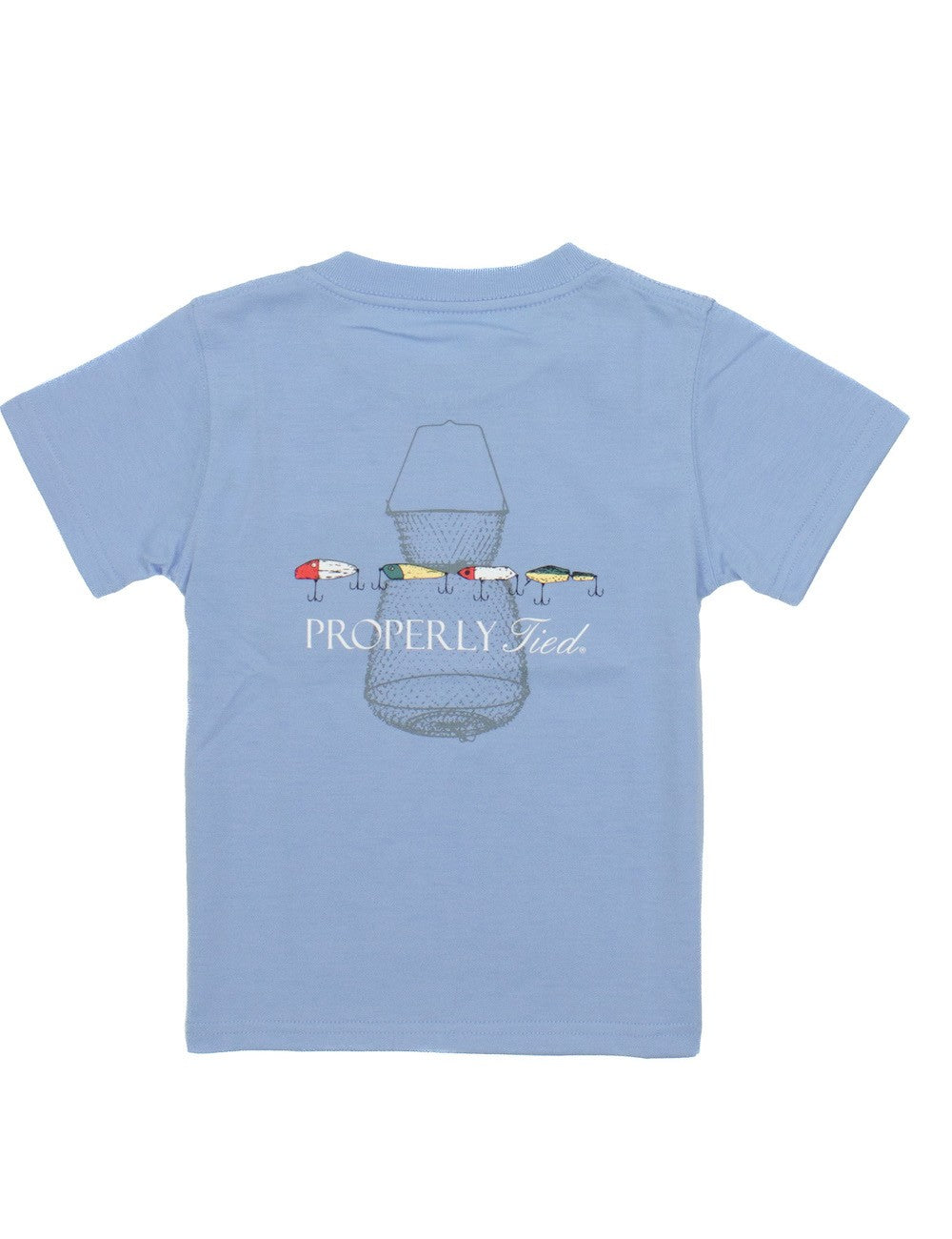Properly Tied T-Shirt - Logo Pocket on Front - Back Graphic - Vintage Fishing Lures on Light Blue by Properly Tied