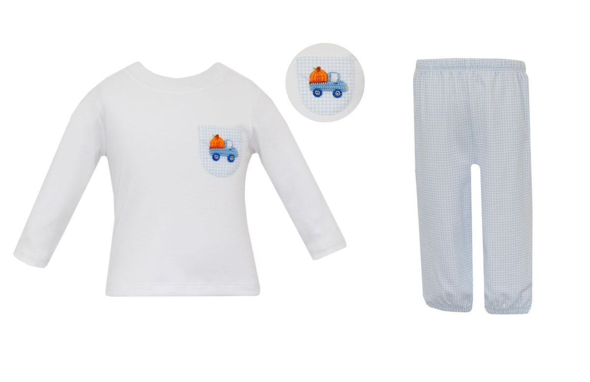 Petit Bebe Knits Boys Blue Gingham Pants Set - Pumpkin Truck Shirt by Petit Bebe