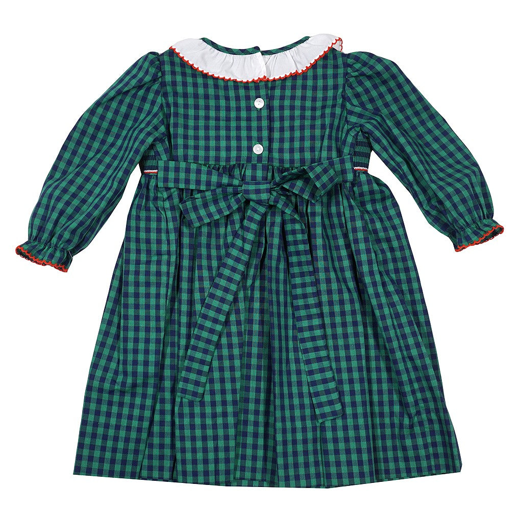 Petit Bebe Girls Green Holiday Plaid Smocked Santa Dress - Long Sleeves