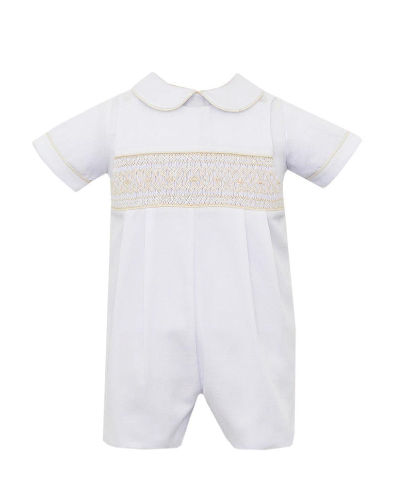 Anavini Boys Dressy White Pique Shortall with Shirt - Smocked in Ecru