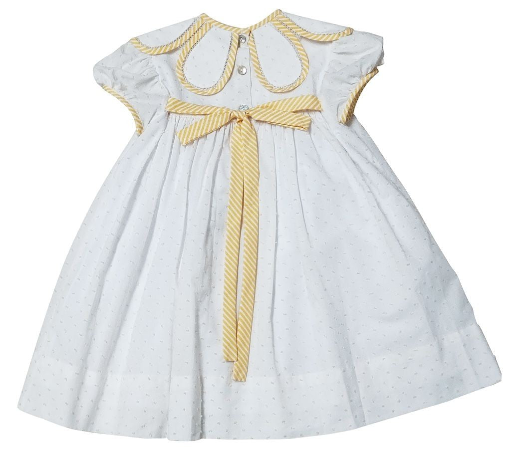 Marco & Lizzy Girls White Dotted Swiss Dress - Yellow Trim Petal Collar